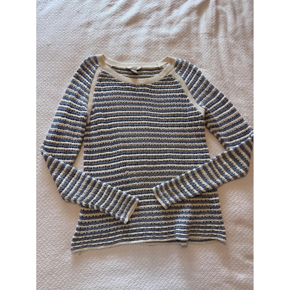 Natural Reflections Blue Cream Striped Open Knit Crochet Sweater Small